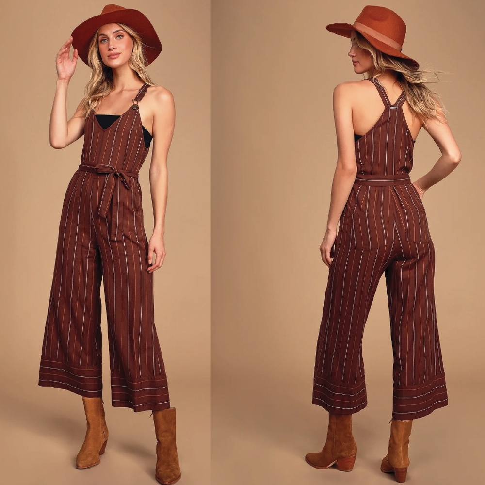 BILLABONG Bella Day Burgundy Multi Striped Culotte Jumpsuit Overalls Size Large